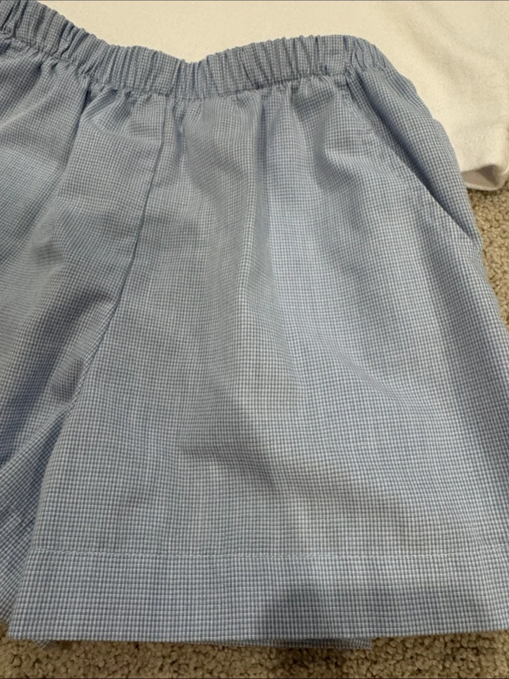 Boys White Tee & Light Blue Shorts Matching Set with Red Train Smocking